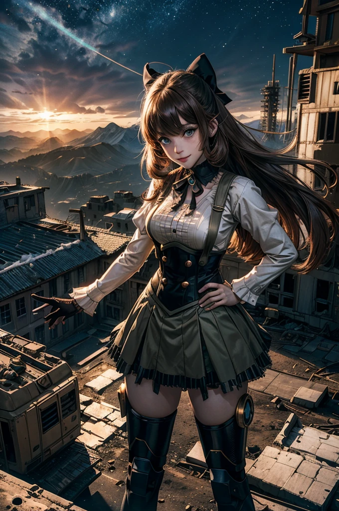 cowboy shot, (dynamic pose), smile, underbust, Penny Polendina, long hair, neck ribbon, suspender skirt, corset, black bow, white blouse, mechanical legs, neon trim, standing, ((people in city ruins on hill, overlooking valley)), BREAK night, stars, moon, snow, BREAK mountains in background, waterfall, vehicle wreck, ((people in military uniform)), bonfires, post-apocalypse, dystopian future, (volumetric lighting), intricate details, tonemapping, sharp focus, hyper detailed