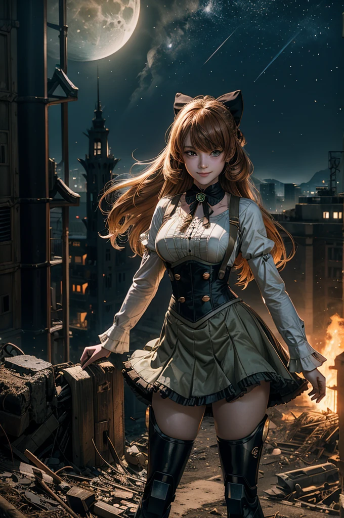 cowboy shot, (dynamic pose), smile, underbust, Penny Polendina, long hair, neck ribbon, suspender skirt, corset, black bow, white blouse, mechanical legs, neon trim, standing, ((people in city ruins on hill, overlooking valley)), BREAK night, stars, moon, snow, BREAK mountains in background, waterfall, vehicle wreck, ((people in military uniform)), bonfires, post-apocalypse, dystopian future, (volumetric lighting), intricate details, tonemapping, sharp focus, hyper detailed
