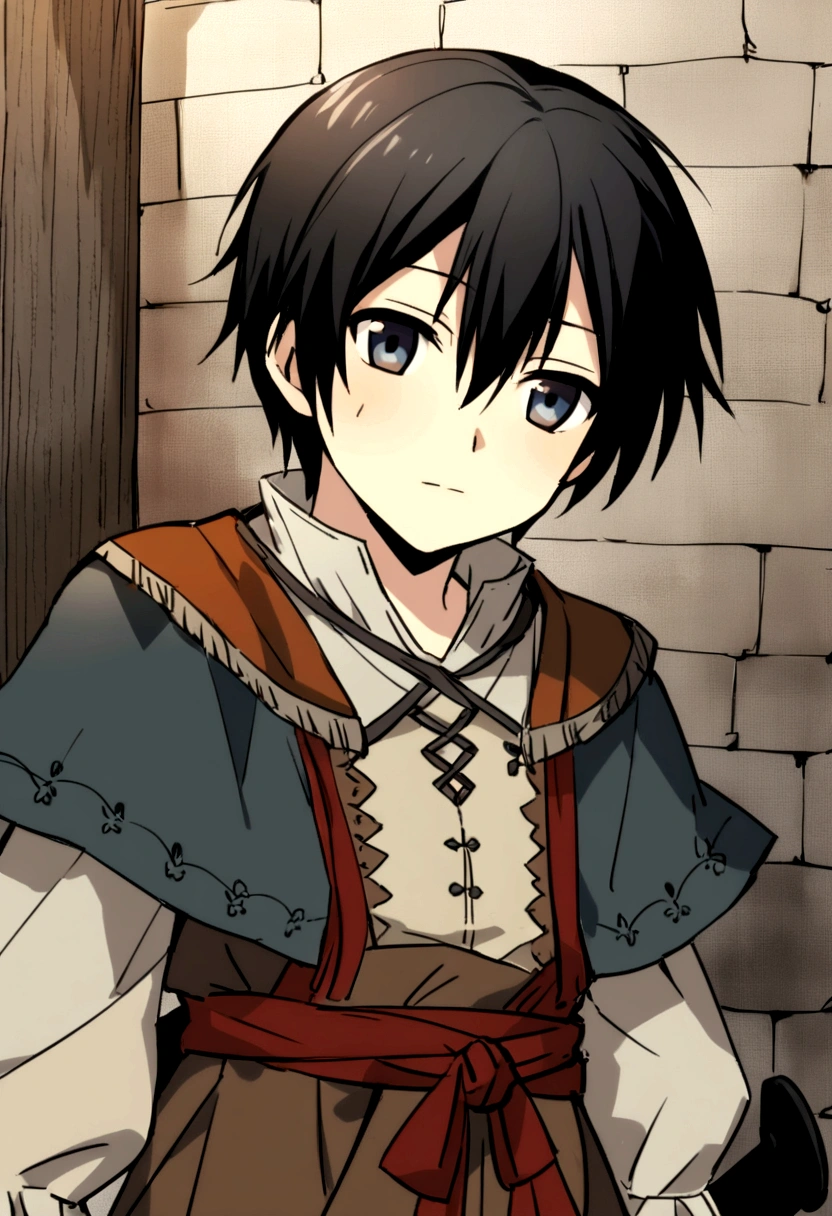 An anime character/manga with the male gender whose approximate age is , living in the 1500s and their clothes typical of that time but in medieval style, On his waist he carries a katana and his eyes are red as coals., and your black hair