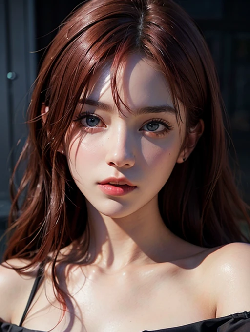 Best quality, masterpiece, ultra high res, (photorealistic:1.4), raw photo, 1girl, red gradient hair, off shoulder, cinematic lighting