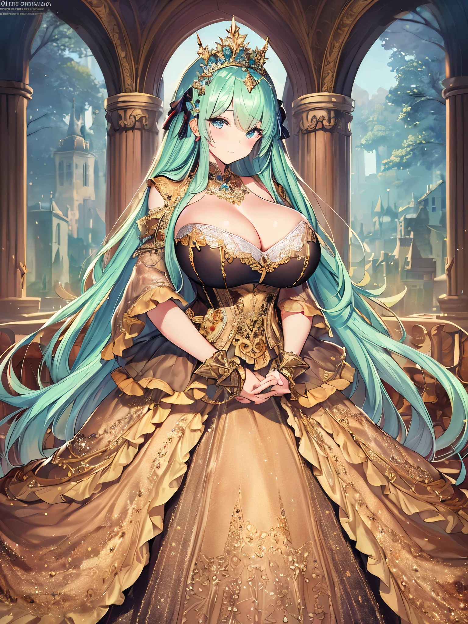 ((moe anime artstyle)),((Masterpiece)),(Best Quality),((Super Detail)),((Very Delicate and Beautiful)),((Solo)),full body,((full body portrait)),(((1 bling-bling Queen in beautiful embroidery and jeweled gorgeous rococo ballgown with voluminous full length crinoline hoop skirt))),(((((absurdly gigantic tits))))),(deep cleavage),Skindentation,(detailed face and eyes),jewel-like eyes,((crinoline,long train,beautiful embroidery and lace)),super detailed voluminous gorgeous rococo ballgown with voluminous full length crinoline hoop skirt,((bling-bling voluminous gorgeous rococo princess ballgown with beautiful embroidery and jeweled)),((Very Long Straight Hair,large amount of straight hair, absurdly long Straight hair)),extremely gorgeousfull hair ornament,((extremely gorgeous big tiara)),luxurious jewelry,((beautiful embroidery and jeweled gorgeous rococo ballgown with voluminous full length crinoline hoop skirt)),((absurdly gigantic tits)),full body,(fantasy castle)