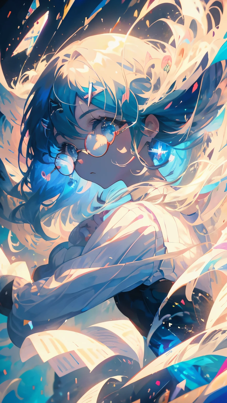 anime girl flying through the air with a blue and white dress with white round frame modern glasses, trending on artstation pixiv, splash art anime , zerochan art, pixiv contest winner, digital art on pixiv, guweiz on pixiv artstation, anime art wallpaper 8 k, clean detailed anime art, anime fantasy illustration, beautiful anime artwork, anime face, masterpiece, high quality, detailed face, realistic skin
