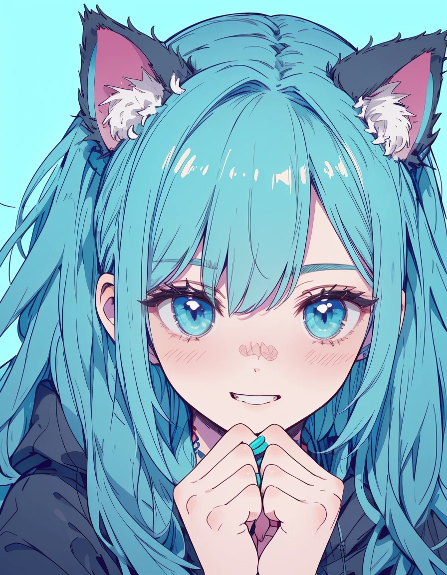 tattoo, full-face blush, grin, ((masterpiece, best quality:1.5)), ((Beautiful detailed cat aqua eyes:1.2)), cat ears, pale skin, medium breasts, beautiful hands, beautiful fingers, EasyNegative