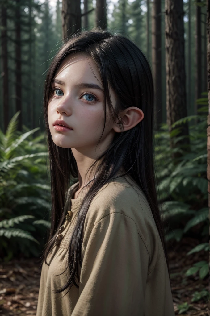 Realistic hyperdetail, real photografic, imagem HD: Young elf, 16 yrs old, heterochromia, Bblack hair, forest at night.