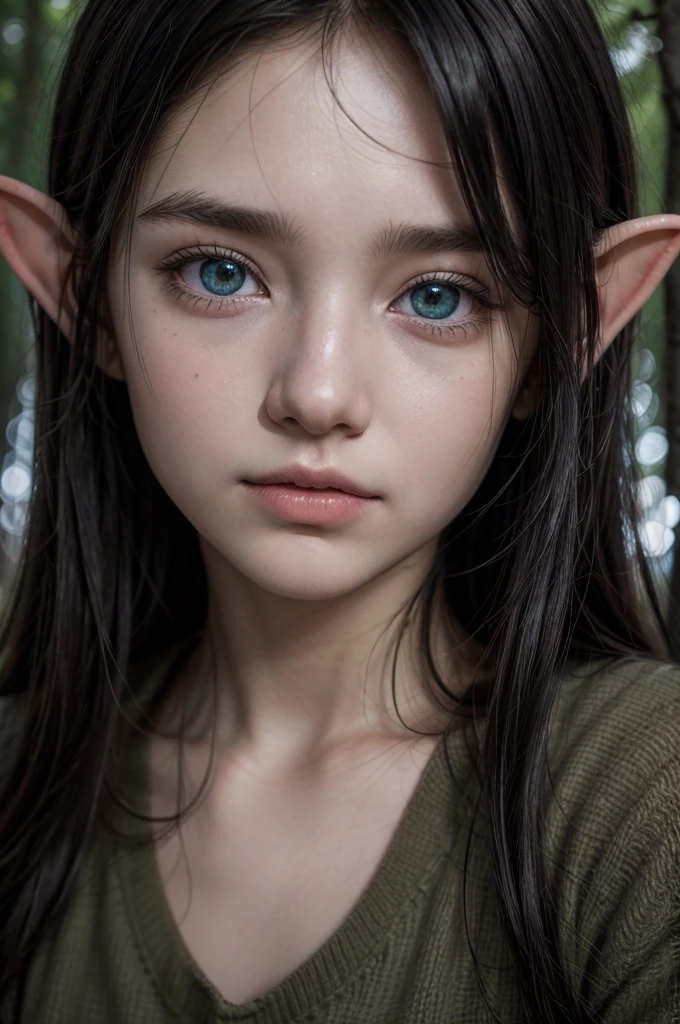 Realistic hyperdetail, real photografic, imagem HD: Young elf, rs old, heterochromia, Bblack hair, forest at night.