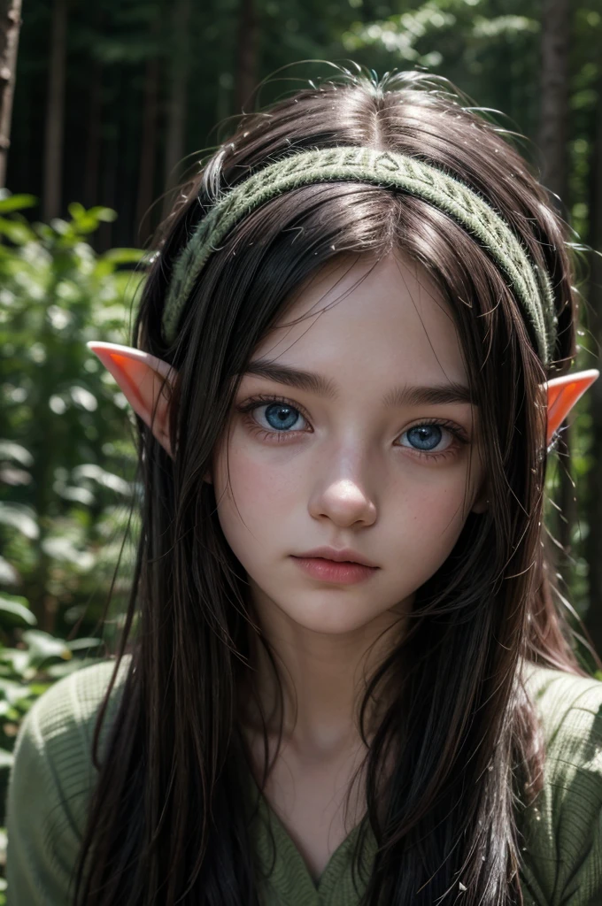 Realistic hyperdetail, real photografic, imagem HD: Young elf, 16 yrs old, heterochromia, Bblack hair, forest at night.