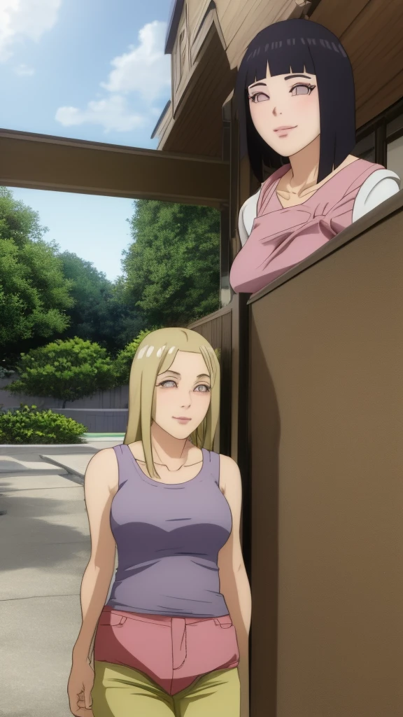 Masterpiece, Hinata\(Boruto\), 1 girl, alone,mature woman, (wearing mini camisole & hotpants:1.25), outdoor, look at viewer, (petals falling), The sky is cloudy, laundry-ing, perfect composition, details lips, big breast, Beautiful face, body proportions, Blush, (pink lips), long hair, purple eyes, soft stare, sad smile, Very realistic, details, photography, accurate faces and bodies, stay-at-home wife, lonely wife x burly black granpa,