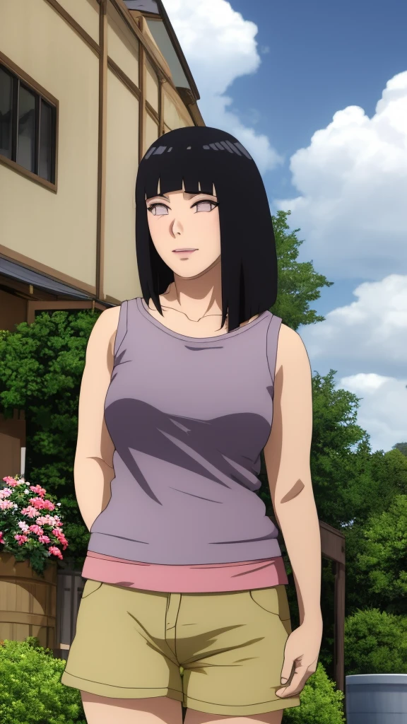 Masterpiece, Hinata\(Boruto\), 1 girl, alone,mature woman, (wearing mini camisole & hotpants:1.25), outdoor, look at viewer, (petals falling), The sky is cloudy, laundry-ing, perfect composition, details lips, big breast, Beautiful face, body proportions, Blush, (pink lips), long hair, purple eyes, soft stare, sad smile, Very realistic, details, photography, accurate faces and bodies, stay-at-home wife, lonely wife x burly black granpa,