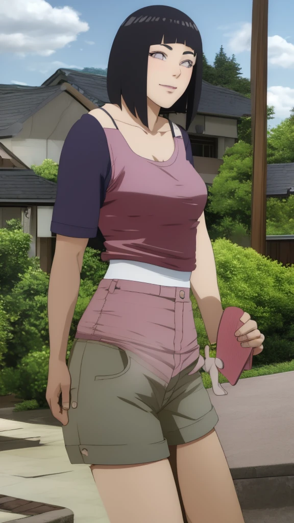 Masterpiece, Hinata\(Boruto\), 1 girl, alone,mature woman, (wearing mini camisole & hotpants:1.25), outdoor, look at viewer, (petals falling), The sky is cloudy, laundry-ing, perfect composition, details lips, big breast, Beautiful face, body proportions, Blush, (pink lips), long hair, purple eyes, soft stare, sad smile, Very realistic, details, photography, accurate faces and bodies, stay-at-home wife, lonely wife x burly black granpa,