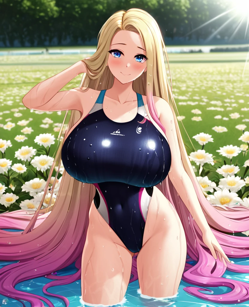 NSFW , ultra detailed, hyper detailed, best quality, highres, 4K, field of flowers, , looking at viewer, puzzled, happy, , shy, very long hair, wave hair, gradient hair, tall, slender,huge breasts, beautiful breasts , competition swimsuit, ,wet, dappled sunlight,