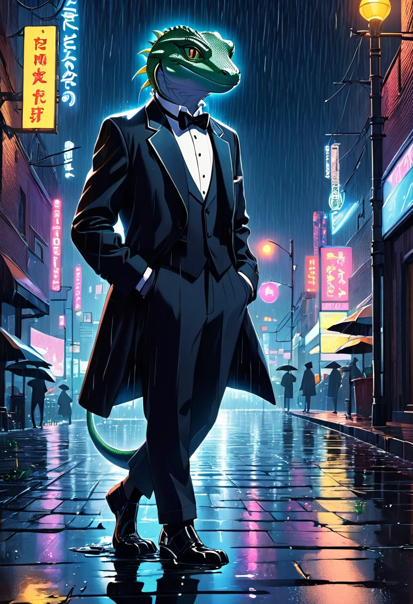 cover page, highres, top quality, best quality, paid reward available, unparalleled masterpiece, perfect artwork, absurdres, High-quality illustrations, super high resolution, detailed background, Lizard wearing a tuxedo wet in the rain, in the city, a night view with neon signs shining, silhouette reflected in a puddle, cinematic lighting,