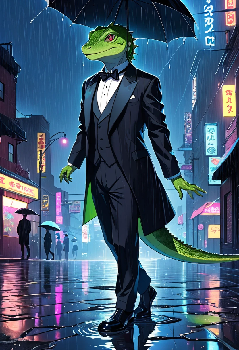 cover page, highres, top quality, best quality, paid reward available, unparalleled masterpiece, perfect artwork, absurdres, High-quality illustrations, super high resolution, detailed background, Lizard wearing a tuxedo wet in the rain, in the city, a night view with neon signs shining, silhouette reflected in a puddle, cinematic lighting,