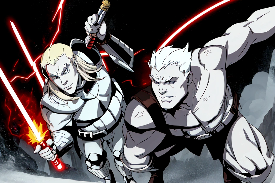 (starwars 2d comic art style with shading), a 20 year old Albino of Anglo-Saxon descent with a pure white complexion and a smile, burly brawny Physique with only 3 fingers on both hands, Albino long hair with thick eyebrows and white eyes, holding his thick twohanded Greatsword lightsaber with red lightning around it, black half armor with leather accents, foggy day walking in a lush battlefield, tense atmosphere, (full body portrait with correct body proportions:1), solo.