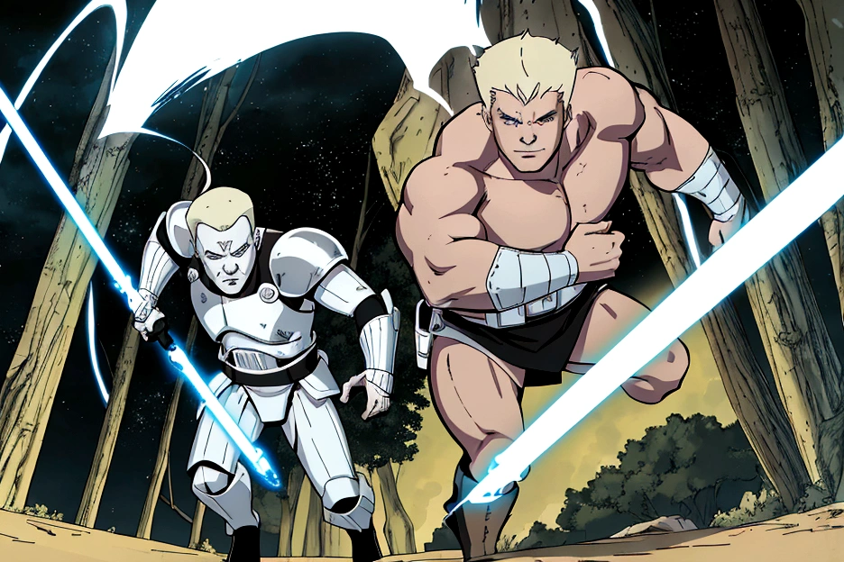 (starwars 2d comic art style with shading), a 20 year old Albino of Anglo-Saxon descent with a pure white complexion and a smile, burly brawny Physique with only 3 fingers on both hands, Albino long hair with thick eyebrows and white eyes, holding his thick twohanded Greatsword lightsaber with red lightning around it, black half armor with leather accents, foggy day walking in a lush battlefield, tense atmosphere, (full body portrait with correct body proportions:1), solo.