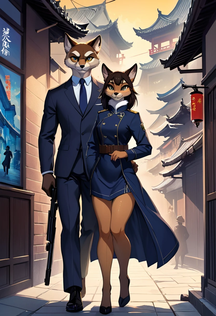 movie poster, movie artwork, concept art of action movie, romance novel cover, highres, top quality, best quality, perfect artwork, absurdres, perfect anatomy(couple, young 1male detective, 1woman in Chinese dress)(furry, kemono, anthro)with some elements of 007,