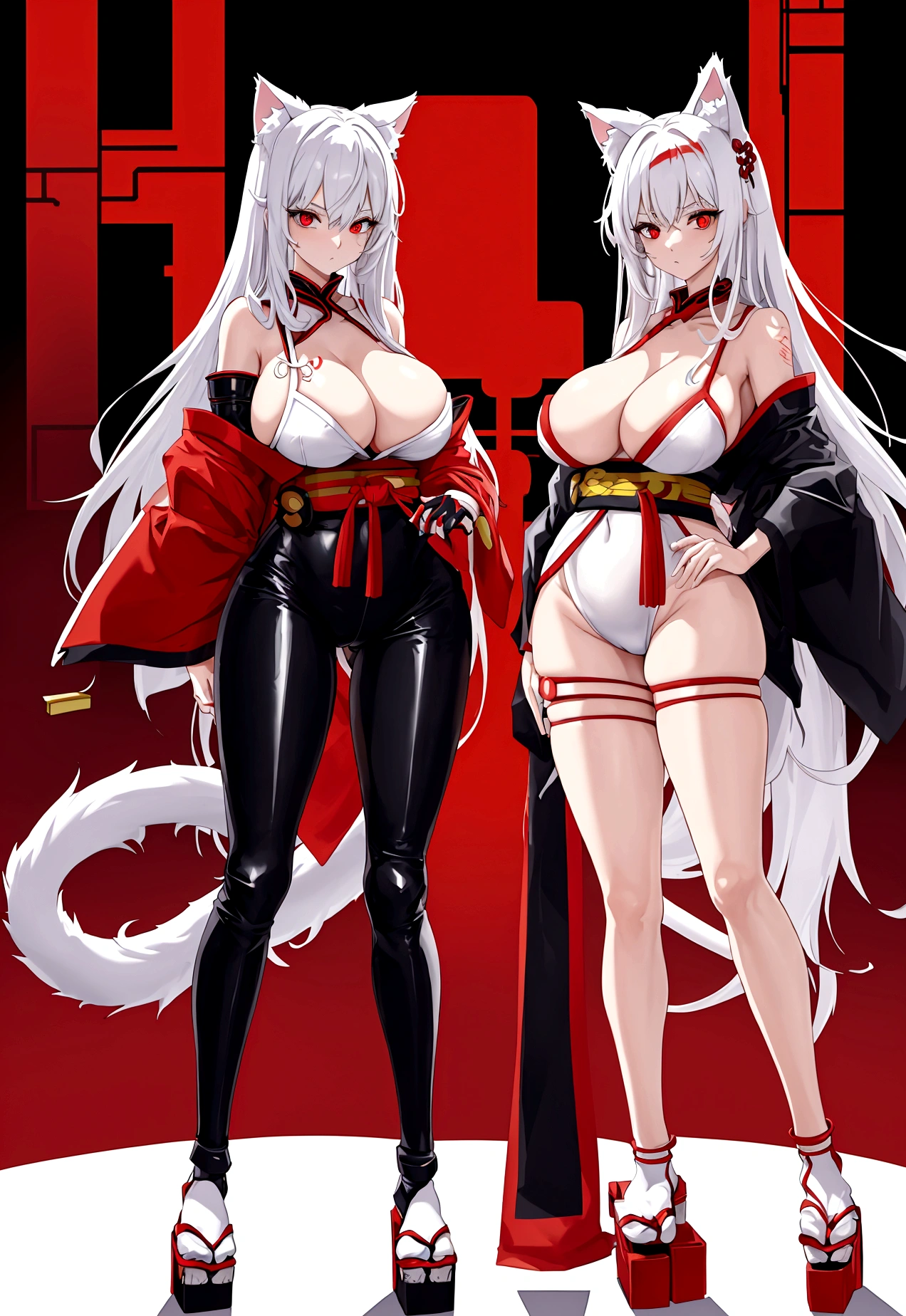 Make a full body character with 2D graphics based on current anime 4k-8k The character is 22 years old. Mature body with big breasts and curves. Eyes red, white cat ears, long white hair down to the ankles. Cat&#39;s furry tail. The outfit is a mix of traditional Japanese kimono, Qipao chines stylized in a cyberpunk way. The colors of the clothes are predominantly white with details of blood red and gold.. With sock 3/4 black and white, sandalhas ninja estilo cyberpunk.