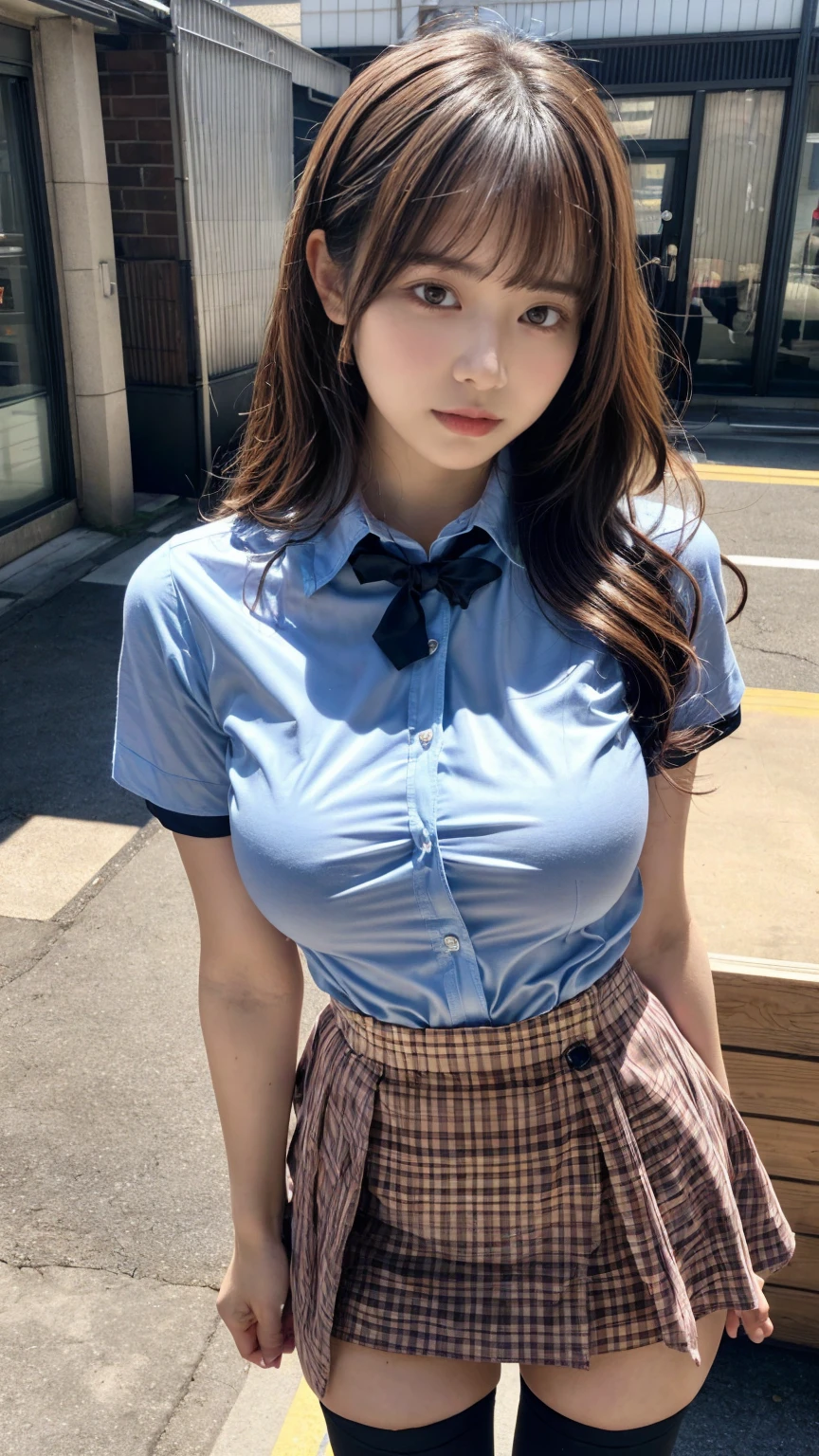 masterpiece, best quality, illustration, Super detailed, fine details, High resolution, 8K,wall paper, perfect dynamic composition,(Details High quality, realistic depiction of eyes:1.3), standing, short hair, (wavy hair:1.2), (short sleeve collared dress shirt,tight skirt,thighhighs,zettai ryouiki:1.4), black hair color, Big Natural Color Lip, bold sexy pose, crying a little、cold gaze, Harajuku style、acrobatic pose, 20 year old girl、cute type、lolita、beautiful legs, gravure idol, Japanese idol, huge breasts