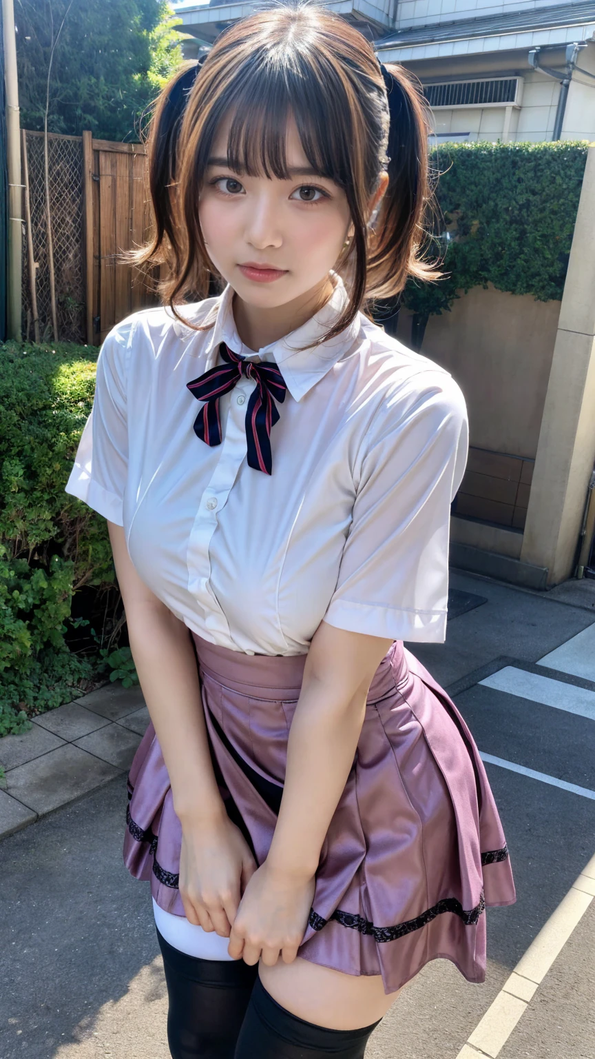 masterpiece, best quality, illustration, Super detailed, fine details, High resolution, 8K,wall paper, perfect dynamic composition,(Details High quality, realistic depiction of eyes:1.3), standing, short hair, (wavy hair:1.2), (short sleeve collared dress shirt,tight skirt,thighhighs,zettai ryouiki:1.4), black hair color, Big Natural Color Lip, bold sexy pose, crying a little、cold gaze, Harajuku style、acrobatic pose, 20 year old girl、cute type、lolita、beautiful legs, gravure idol, Japanese idol, huge breasts