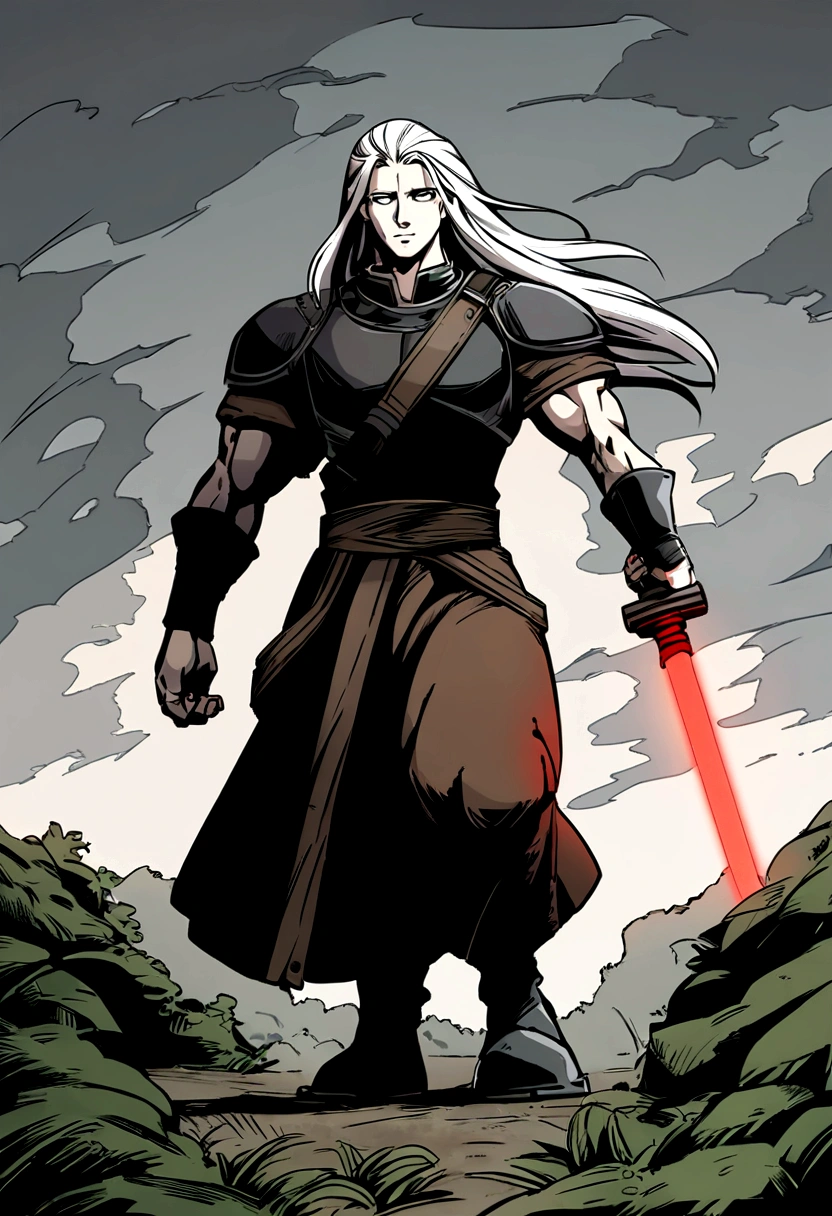 (starwars 2d comic art style with shading), a 20 year old Albino of Anglo-Saxon descent with a pure white complexion and a smile, burly brawny Physique with only 3 fingers on both hands, Albino long hair with thick eyebrows and white eyes, holding his thick ""twohanded greatsword" lightsaber with red lightning around it, black half armor with leather accents, foggy day walking in a lush battlefield, tense atmosphere, (full body portrait with correct body proportions).