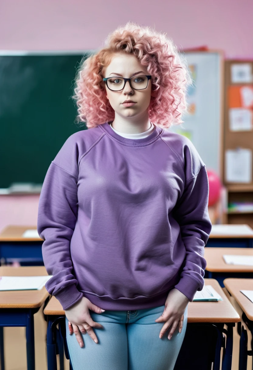 Pink Curly hair pale skin fat glasses woman in sweatshirt standing in classroom full body