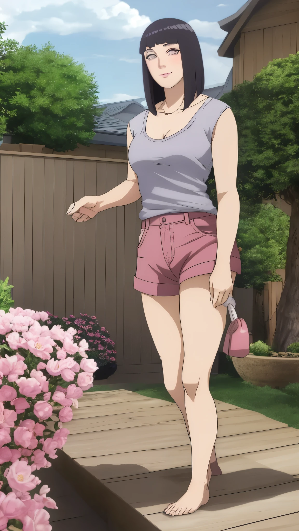 Masterpiece, Hinata\(Boruto\), 1 girl, alone,mature woman, (wearing mini camisole & hotpants:1.25), outdoor, look at viewer, (petals falling), The sky is cloudy, laundry-ing, perfect composition, details lips, big breast, Beautiful face, body proportions, Blush, (pink lips), long hair, purple eyes, soft stare, sad smile, Very realistic, details, photography, accurate faces and bodies, stay-at-home wife, lonely wife x burly black granpa,