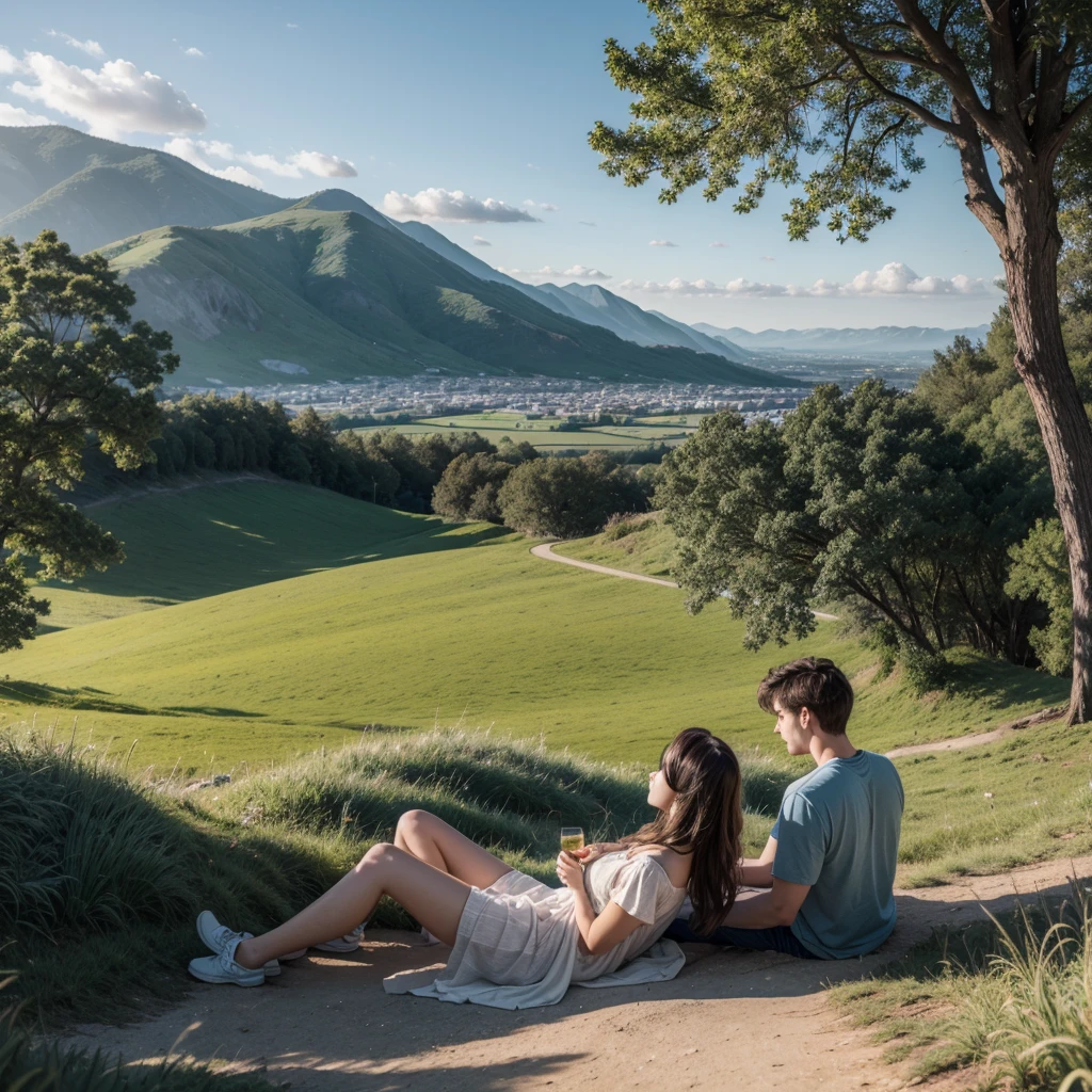 A relaxing landscape with two people sitting on a hill watching her
