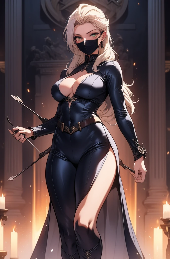 female, solo, young, sexy body, voluptuous figure, tightsuit, white hair, decolored blonde hair, has 2 hand crossbows, rogue assasin, beautifull face, long hair, defined body, yellow and bright eyes, thick legs, strong legs, tall, Voluptuous legs, huge ass, big hip, big ass, female ranger, blue and black robes, rogue mask, small breasts,