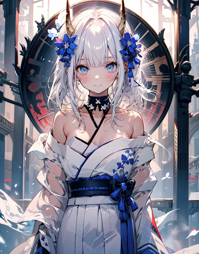 [[[ ultra-detailed, best quality, soft skin, beautiful, 4K]]] white hair,perfect blue eyes, tied-up hair, slender body, dynamic angle, white choker, white and blue upper loose kimono (off shoulders kimono ) , white fox ears, calm expression, female, snowy palace gardens background, serious). walking angle, ((little horny smile)), bare shoulders,  easy like, scenery 