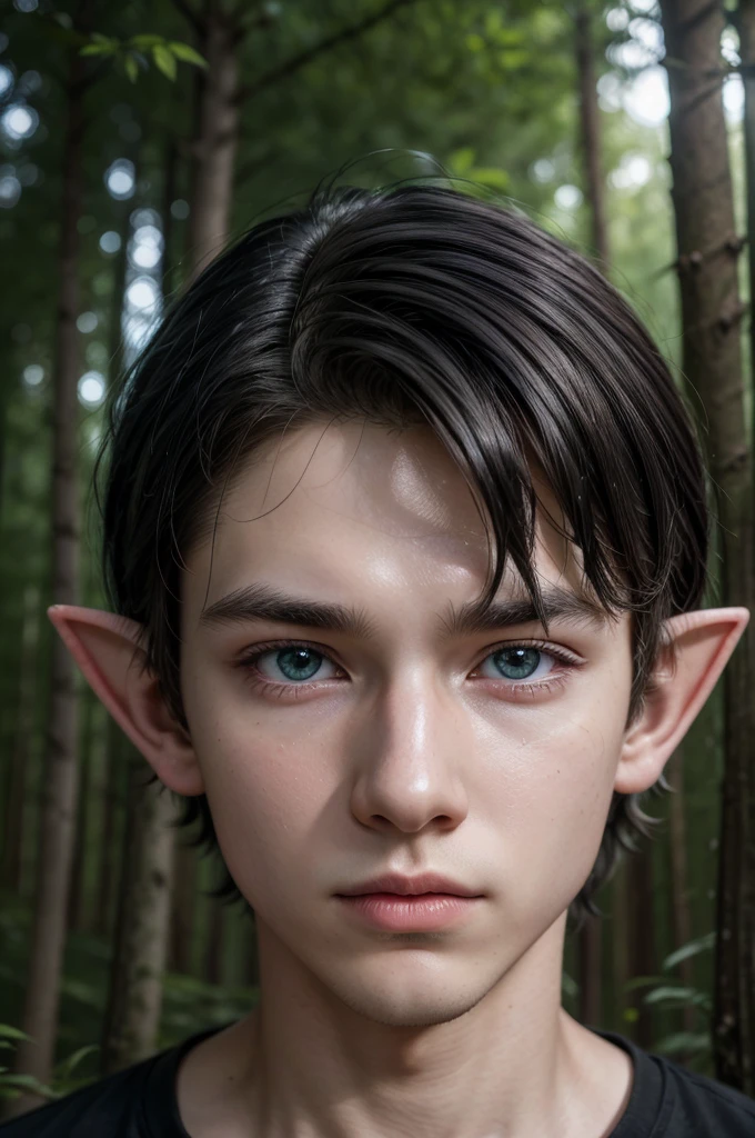 Realistic hyperdetail, real photografic, imagem HD: beautiful young elf man, rs old,terochromia, Bblack hair, pointy ears, forest at night.