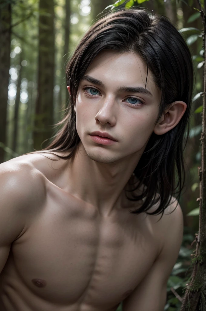 Realistic hyperdetail, real photografic, imagem HD: beautiful young elf man, 16 yrs old, heterochromia, Bblack hair, pointy ears, forest at night.