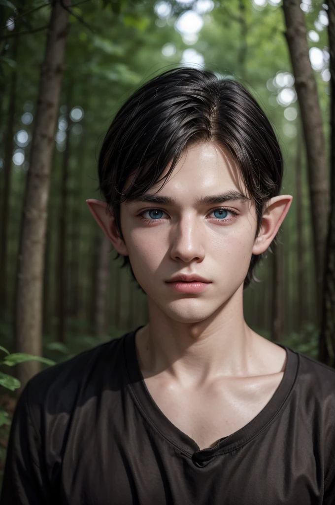 Realistic hyperdetail, real photografic, imagem HD: beautiful young elf man, 16 yrs old, heterochromia, Bblack hair, pointy ears, forest at night.