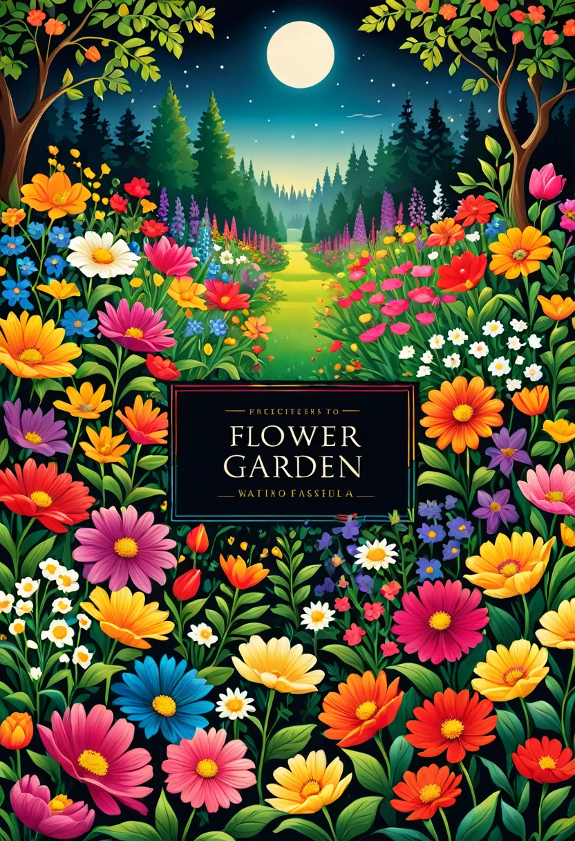 llustration of a book cover of flower garden with vivid colors and dark background