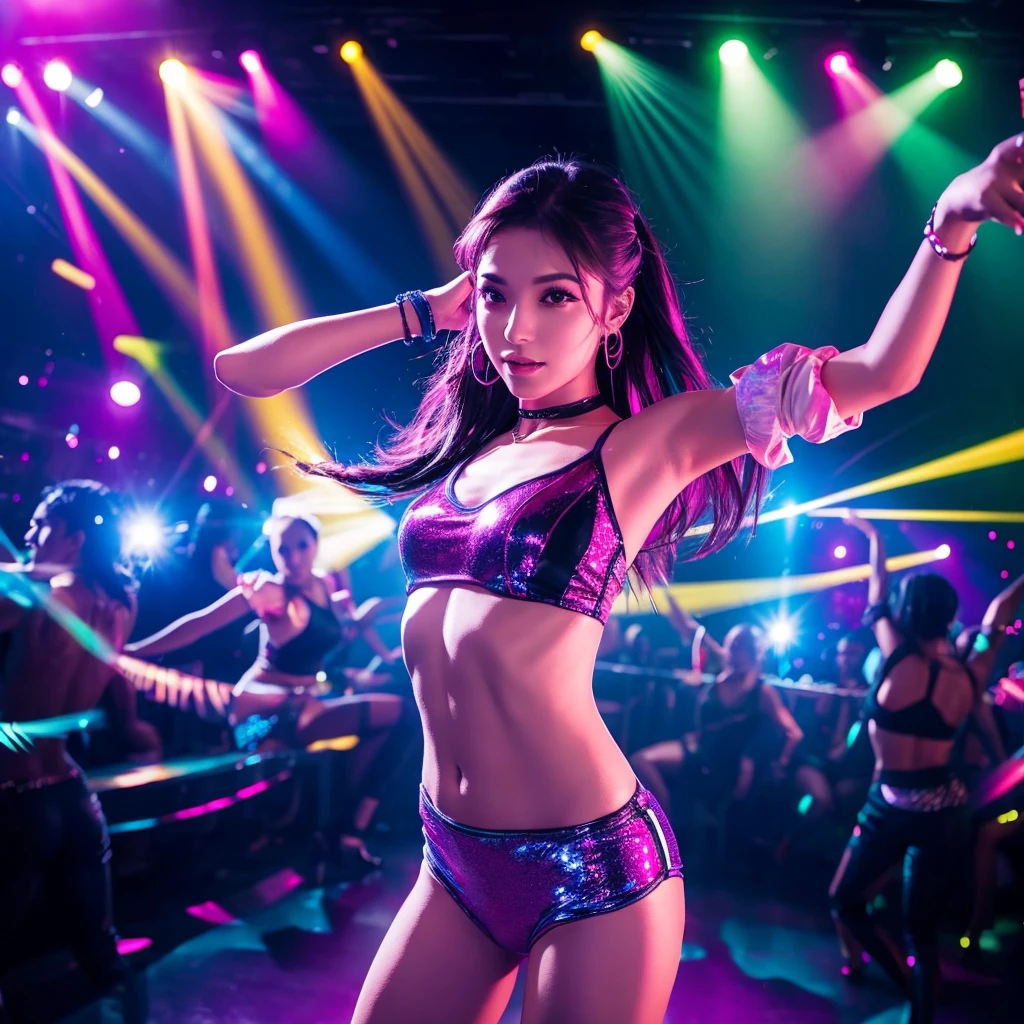 Description:

Women performing a sexy, synchronized dance in a club-like setting.
Visual Mood: Energetic, vibrant, dynamic.
Key Visual Elements:

Club setting with vibrant lights
Women in dance poses
Flashing lights and dynamic colors