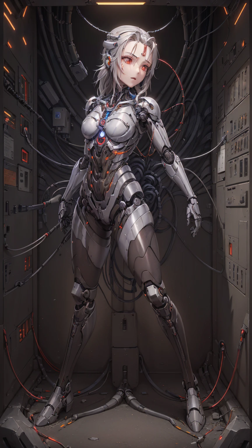 (((masterpiece))), ((best quality)), ((ultra-detailed)), (CG illustration), (an extremely devious and beautiful)), cinematic light, ((1 mechanical woman)), single, full, (machine-made joints: 1.4), ((mechanical limb)), ( blood vessels attached to the tube), ((mechanical spine attached to the back)), ((mechanical cervical vertebrae attached to the neck), ((combat stance)), expressionless, (wires and cables attached to the head and body: 1.5), (character focus), science fiction, apocalypse, glow, translucent skin, mechanical