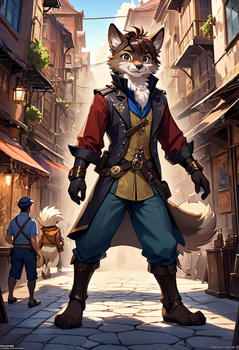 cover_page, highres, top quality, best quality, paid reward available, High-quality illustrations, unparalleled masterpiece, perfect artwork, absurdres, figma, super high resolution, detailed background, Steam punk, Beautiful World Heritage, boys, Happy, joyful(Photos of solo travelers)(kemono, furry anthro)cinematic lighting, dynamic angle,