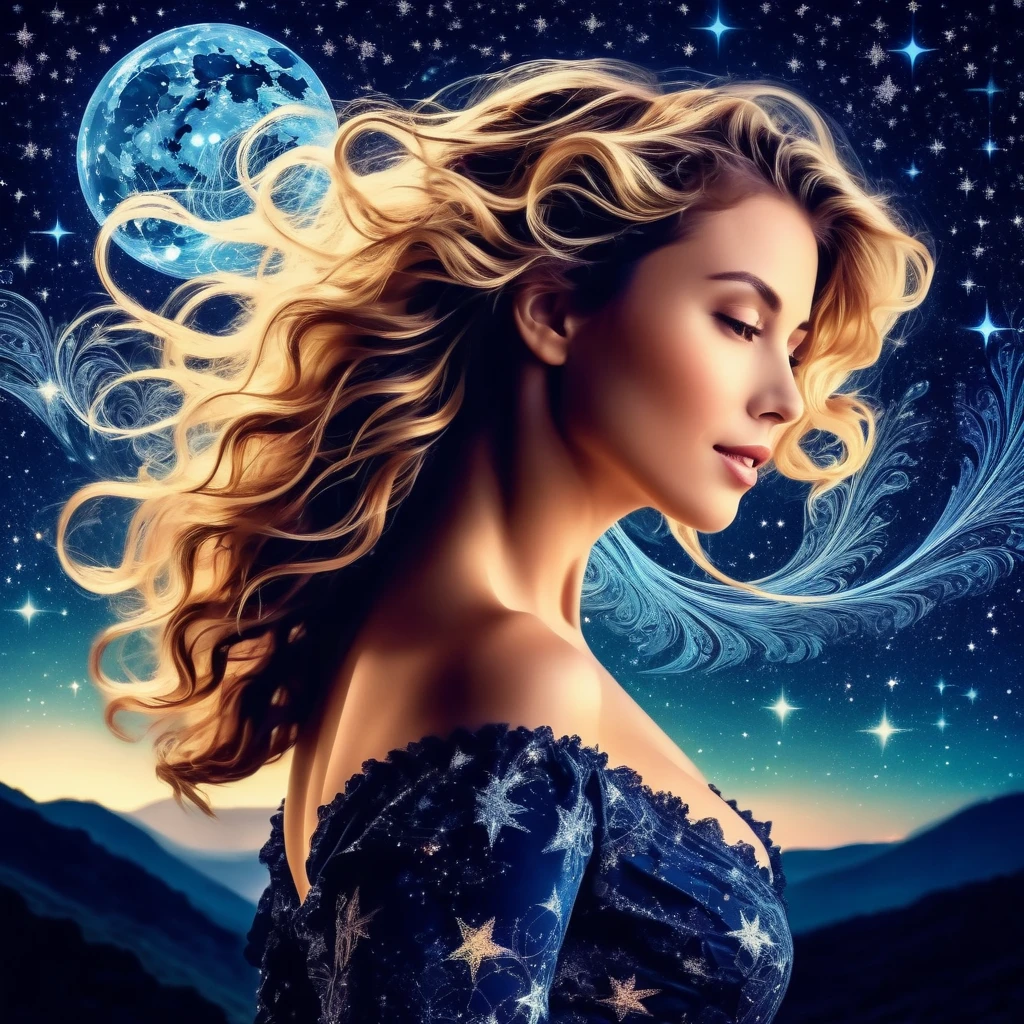 A captivating woman with tousled waves and a flirtatious pose, against a romantic, starry night sky scenery, enhanced by fractal patterns.