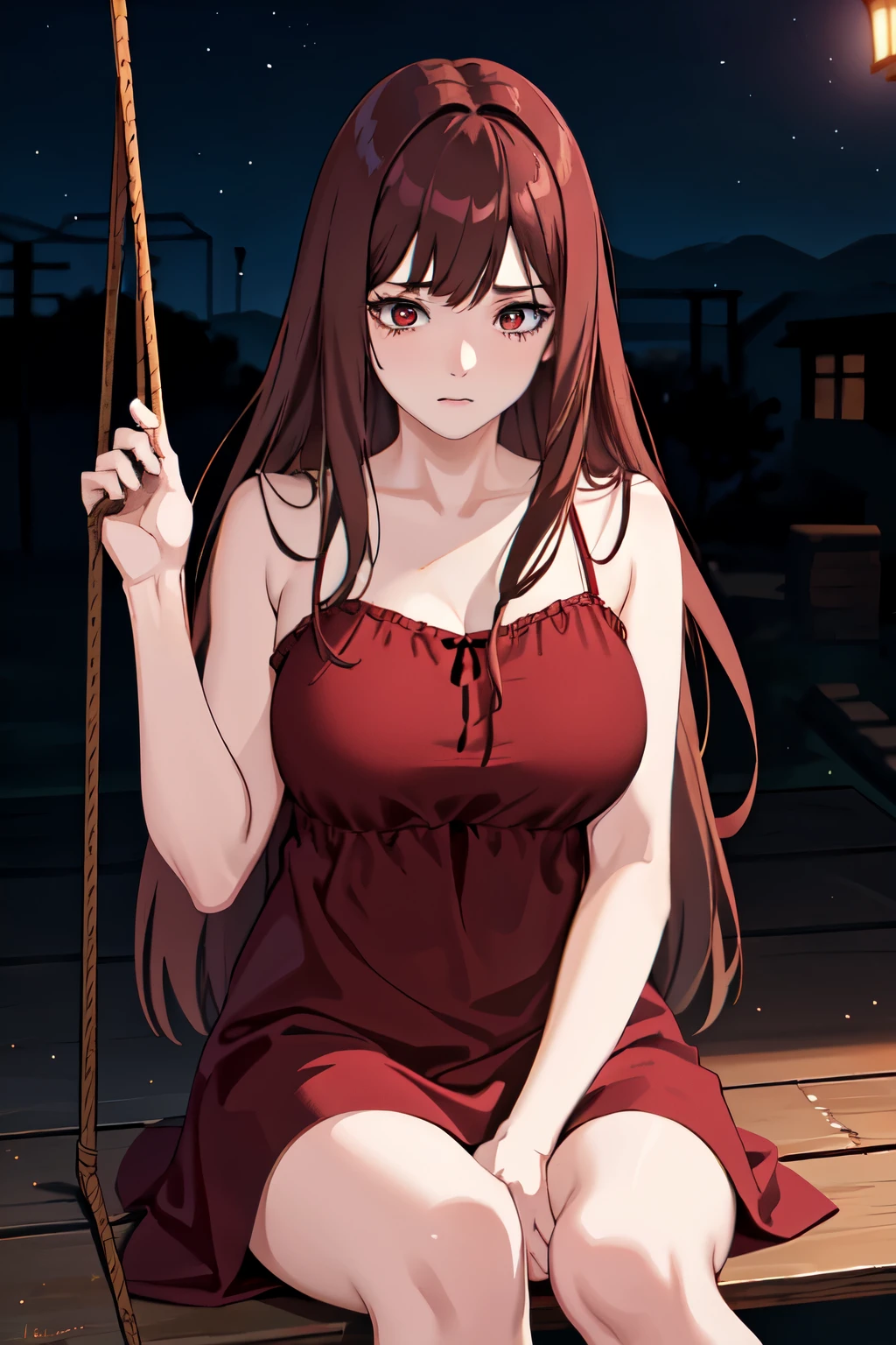 1 girl,cute,Sitting on a swing, at night,straight hair,brown hair, bright red eyes,big breast,,Looking away,,Night gown ,half body photo,Closed mouth,sad expression