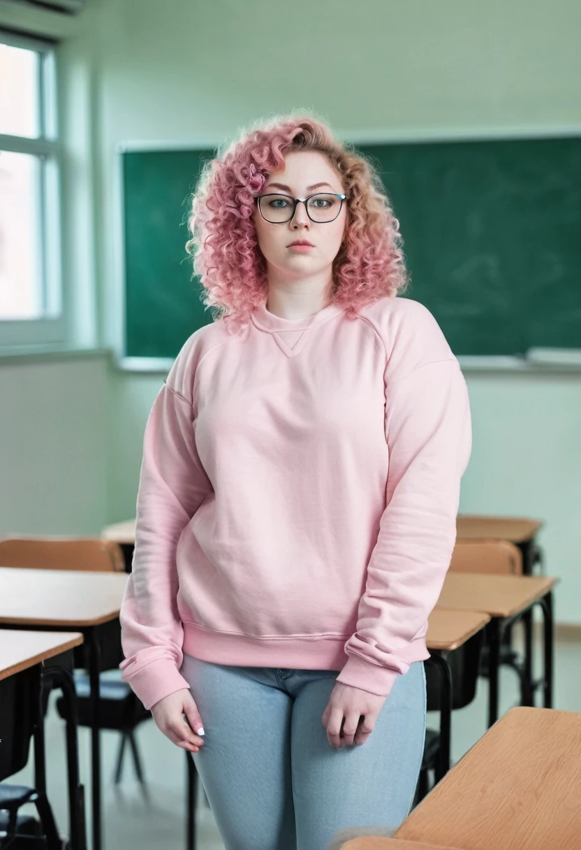 Pink Curly hair pale skin fat glasses woman in sweatshirt standing in classroom full body 