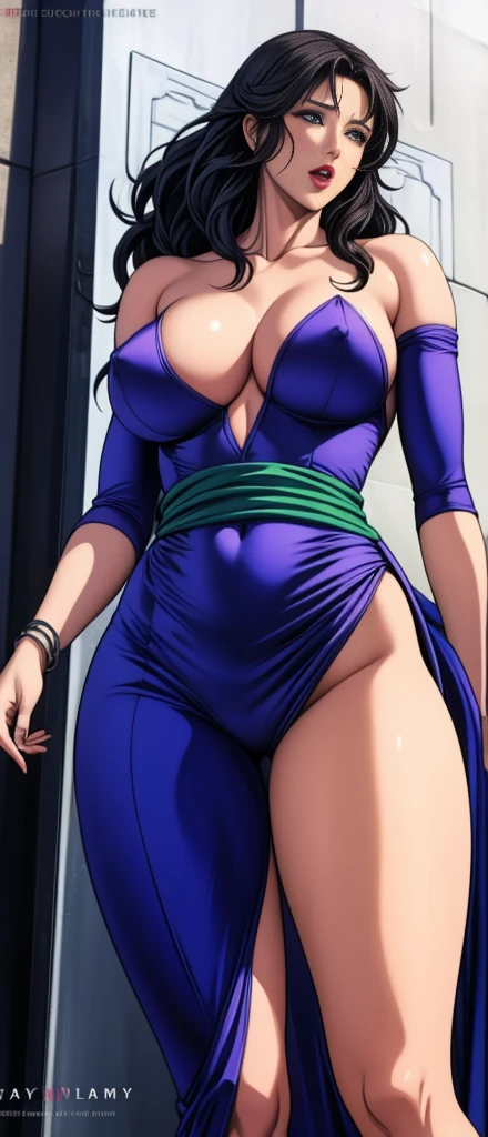 girl,alone,Gray background,Artistic lighting,Beautiful Asian Goddess,Long black hair,Long Hair,Wavy Hair,eyelash, blue eyes, lipstick, Purple bodysuit, Strapless, No sleeve, Green sash,(Shiny costumes),(Wearing a belt around his waist),Sensual,(Hair blowing in the wind),Graceful features,No sleeve,Mature Woman, Mature Woman,Detailed fingers, Perfect hands, Length 180cm,Small face,sweating,Soft thighs,Sexy legs,Sexy ass, Cleavage,Open the chest,Smooth thighs and legs,((Amazing orgasm)),大きなSexy ass, Perfect Body Proportions, Slim waist,Nipples visible,Tight waist,(Long legs:1.4),F cup bust,Huge :1.3,perspective:1.2,Looking at the audience,Character-centric,symmetry diagram,whole body:1.5,From below:1.3,Abdominal shot