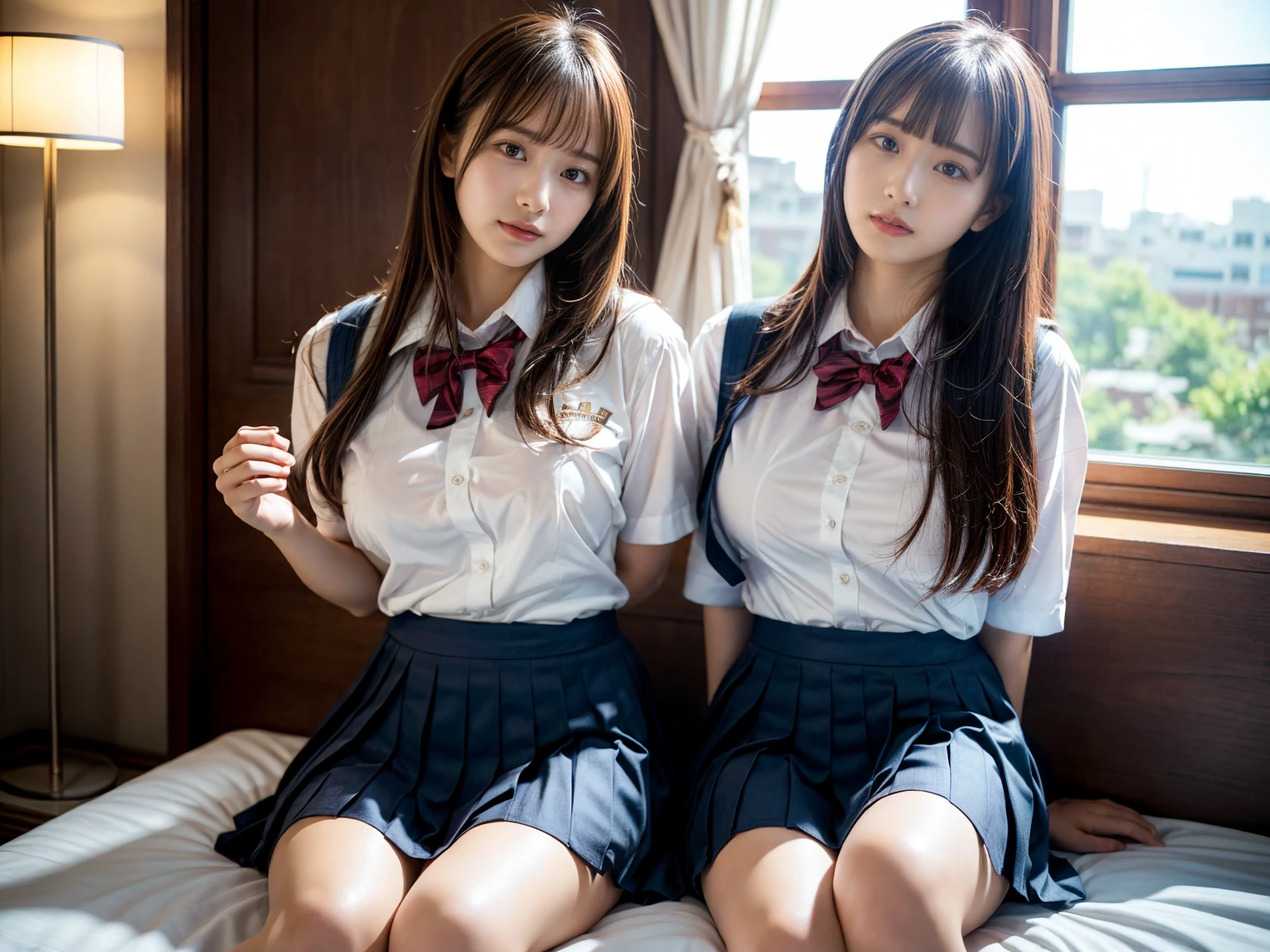 (RAW photo, 4k, masterpiece, high resolution, extremely complex) (realistic: 1.4), cinematic lighting
((2 girls, 2 schoolgirls)),Slam Dunk's,blushing,((innocent)),bright eyes,round eyes,blunt bangs,(straight hair:1.3),black hair,large breasts,wide hips,Summer Noon, ,Hot, (Best Quality), (Highres), (an Extremely Delicate and Beautiful),(Beautiful 8k face),(Brown eyes),short bob hair,( spectators),(gigantic breasts),(Play with each other,Touching each other's bodies,Touching the body),(Japanese high school uniform:1.3),blue skirt,(reality),bright lighting,(The background is a luxury hotel room)