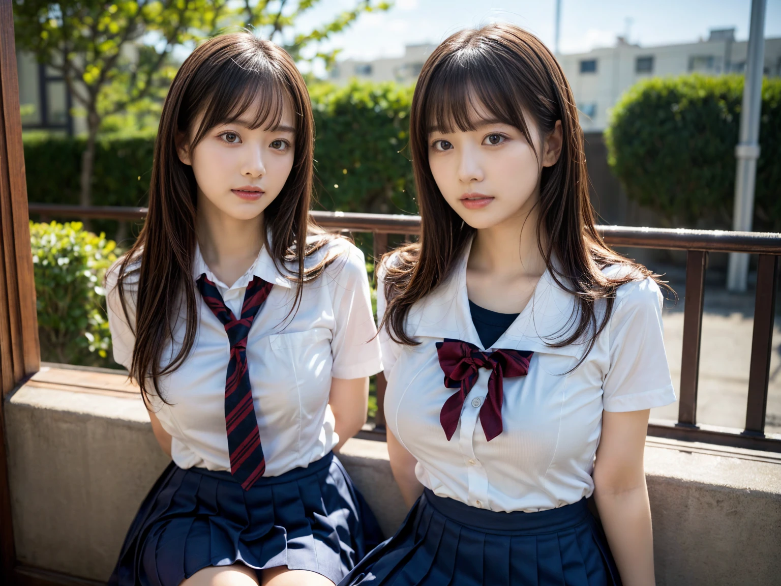 (RAW photo, 4k, masterpiece, high resolution, extremely complex) (realistic: 1.4), cinematic lighting
((2 girls, 2 schoolgirls)),Slam Dunk's,blushing,((innocent)),bright eyes,round eyes,blunt bangs,(straight hair:1.3),black hair,large breasts,wide hips,Summer Noon, ,Hot, (Best Quality), (Highres), (an Extremely Delicate and Beautiful),(Beautiful 8k face),(Brown eyes),short bob hair,( spectators),(gigantic breasts),(Play with each other,Touching each other's bodies,Touching the body),(Japanese high school uniform:1.3),blue skirt,(reality),bright lighting,(The background is a luxury hotel room)