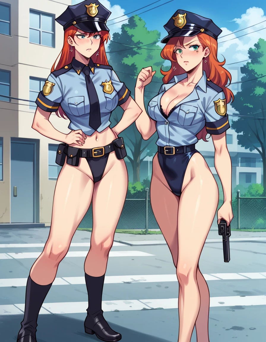 There is a woman in a police uniform, official, police official, (Yoshida Yuuko), brave police, Attire: cop, redhead woman, yoshida yuuko wearing a police uniform, high resolution commission, sheriff woman, Lois van Baarle y Rossdraws, bottomless, leotard blue, bare legs, standing,