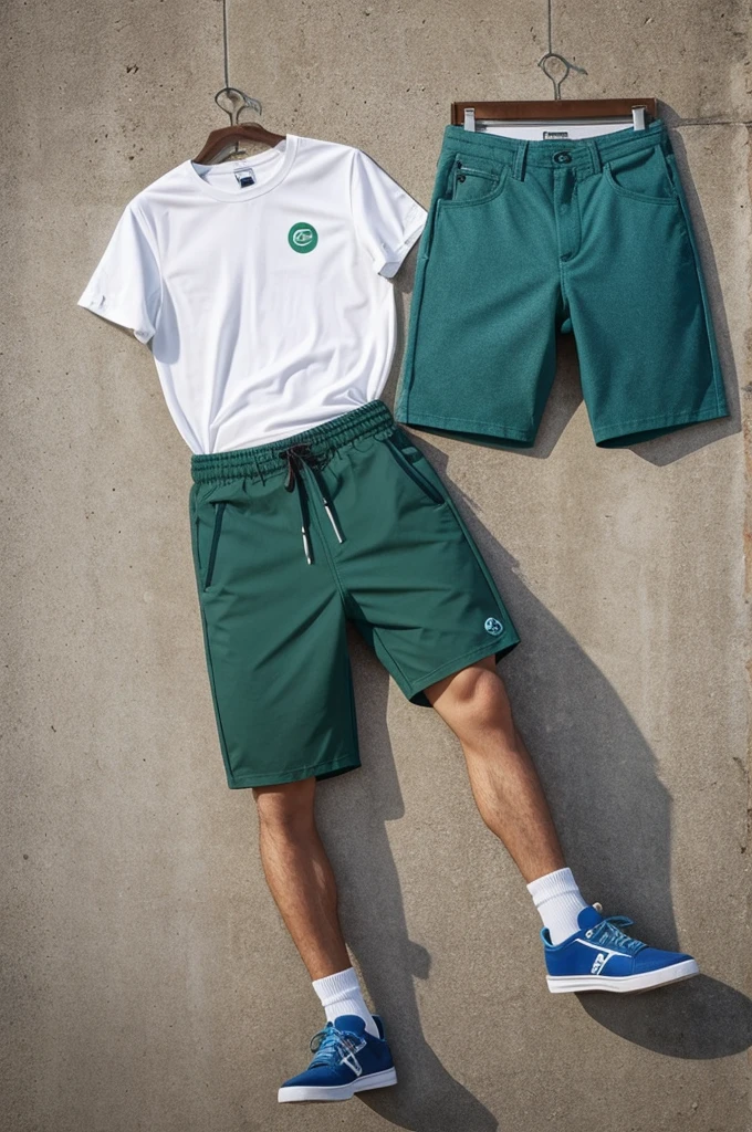 You can generate a logo about a company that sells recycled shorts with the following information: company name : shortys colors: green, blue brown elements: shorts, style recycling symbols: modern