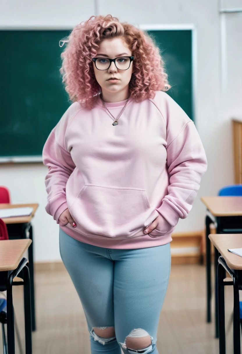 Pink Curly hair pale skin fat glasses woman in sweatshirt standing in classroom full body