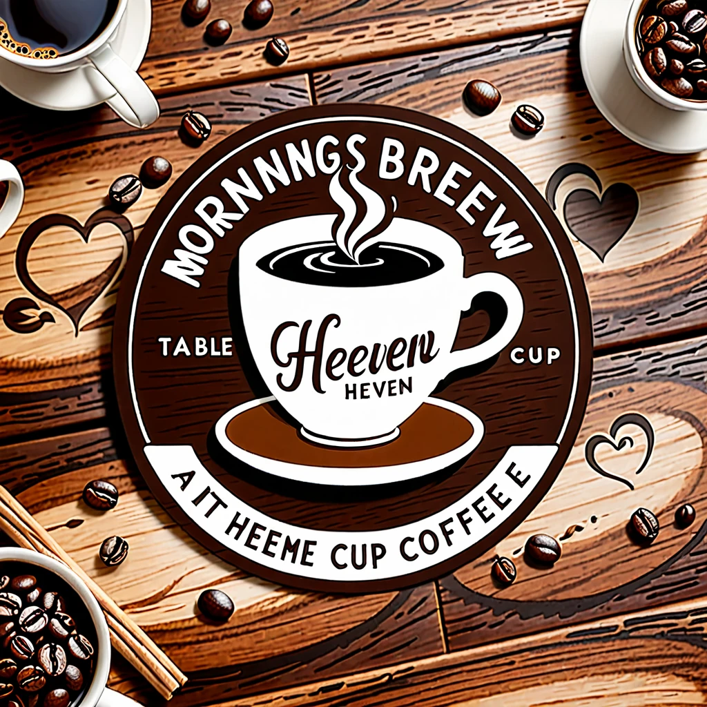‘Mornings Brew Heaven’ illustration logo. The background is an earthy brown, symbolizing the store's rustic vibes. In the center is a steaming cup of coffee, with coffee beans artfully arranged around it, forming a heart. The store name is written in bold, cursive fonts, adding a creative touch. A cozy wooden table beneath the cup hints at the store's inviting ambiance.