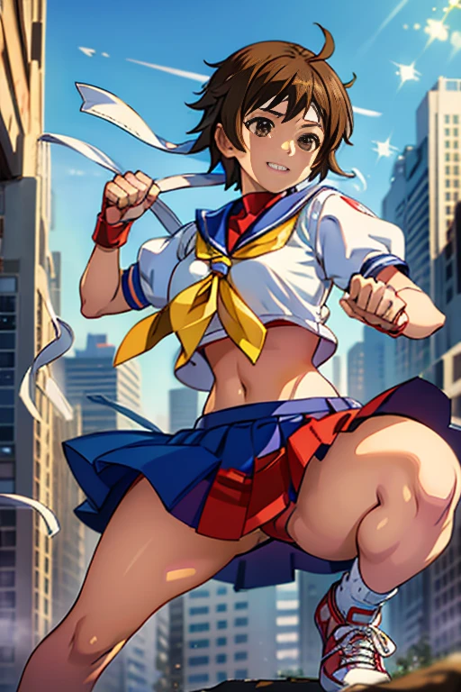 1GIRL SOLO,  Sakura, Brown eyes, Brown hair, short hair, hits, He drowned, headband, , puffy sleeves, crop top, yellow scarf, blue skirt, Gloves without fingers, thighs thighs thighs, white socks, red shoes,finding stance, punching, finding,(Mesa, of the highest qualityの, of the highest quality, beautiful and aesthetic: 1.2), Very detailed, more detailed,proper body proportions,Mesa,Very high quality output image,high resolution,intricate details,very delicate and beautiful hair,realistic photos,dreamlike,Professional lighting,realistic shadow,Focus only,
Anime one、（happy smile）、（open the mouth）