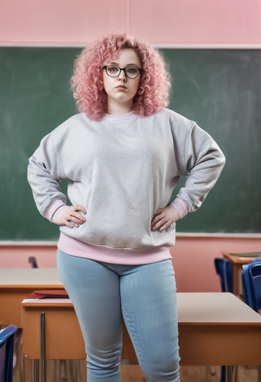 Pink Curly hair pale skin fat glasses woman in sweatshirt standing in classroom full body 