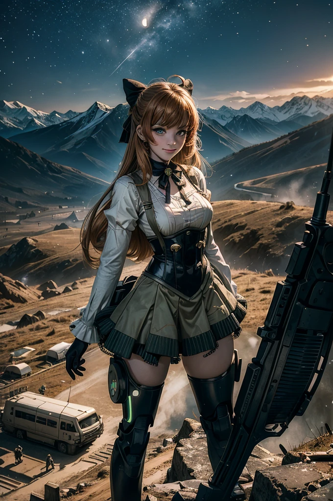 cowboy shot, (dynamic pose), smile,  underbust, Penny Polendina, long hair, neck ribbon, suspender skirt, corset, black bow, white blouse, mechanical legs, neon trim, standing with soldiers, (soldiers searching with rifles),  ((in city ruins on hill, overlooking valley)), BREAK night, stars, moon, snow, BREAK mountains in background, waterfall, vehicle wreck, ((people in military uniform)), bonfires, post-apocalypse, dystopian future, (volumetric lighting), intricate details, tonemapping, sharp focus, hyper detailed

