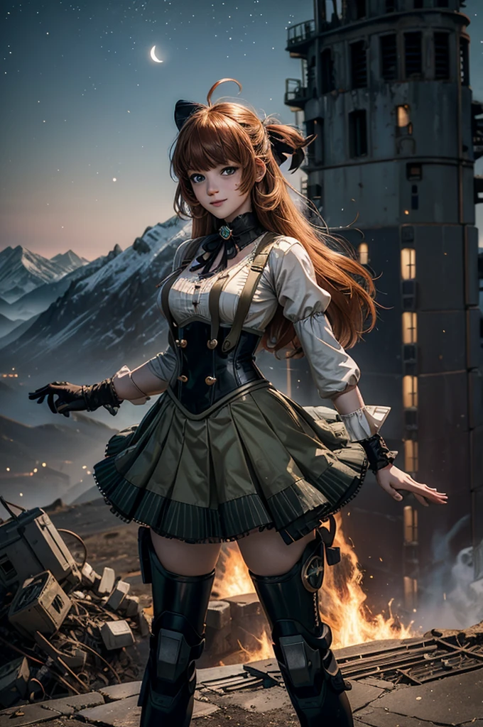 cowboy shot, (dynamic pose), smile,  underbust, Penny Polendina, long hair, neck ribbon, suspender skirt, corset, black bow, white blouse, mechanical legs, neon trim, standing with soldiers, (soldiers searching with rifles),  ((in city ruins on hill, overlooking valley)), BREAK night, stars, moon, snow, BREAK mountains in background, waterfall, vehicle wreck, ((people in military uniform)), bonfires, post-apocalypse, dystopian future, (volumetric lighting), intricate details, tonemapping, sharp focus, hyper detailed

