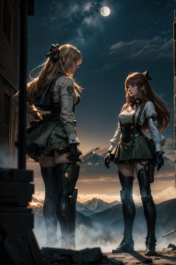 cowboy shot, (dynamic pose), smile,  underbust, Penny Polendina, long hair, neck ribbon, suspender skirt, corset, black bow, white blouse, mechanical legs, neon trim, standing with soldiers, (soldiers searching with rifles),  ((in city ruins on hill, overlooking valley)), BREAK night, stars, moon, snow, BREAK mountains in background, waterfall, vehicle wreck, ((people in military uniform)), bonfires, post-apocalypse, dystopian future, (volumetric lighting), intricate details, tonemapping, sharp focus, hyper detailed

